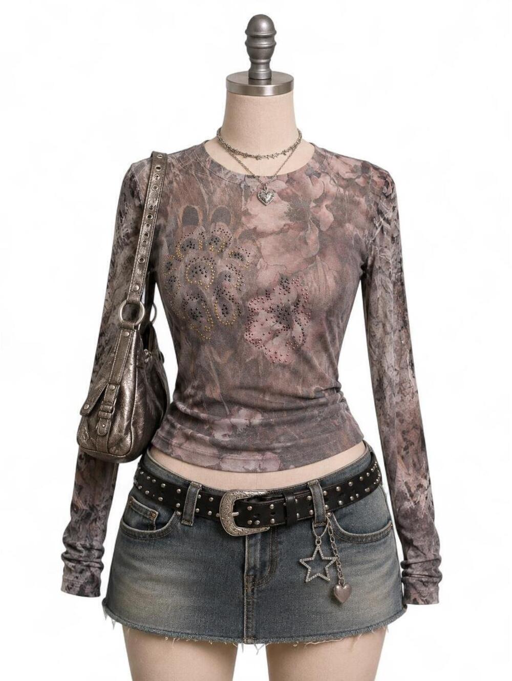 B.L.E.U. Y2K Sheer Floral Rhinestone Long Sleeve Top | Women’s Size M